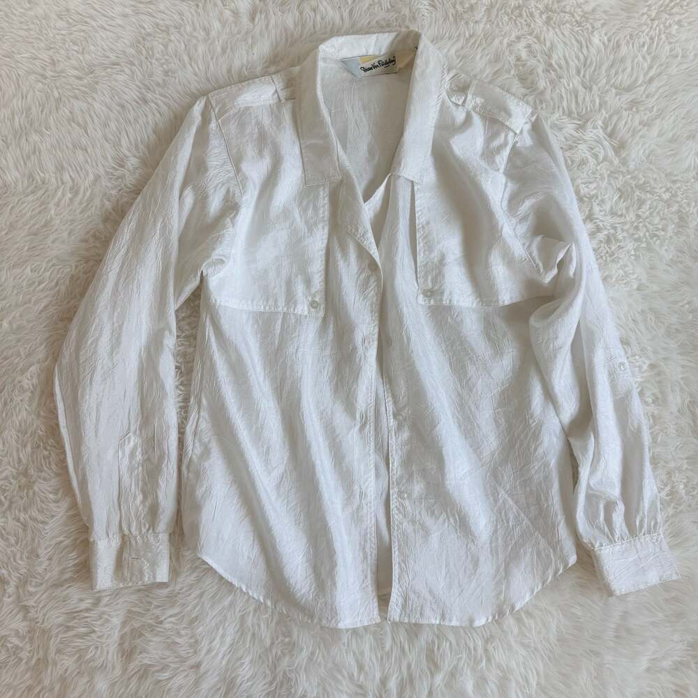 Diane Von Furstenberg Vintage White Button-Up Blouse with Built-In shoulder pads